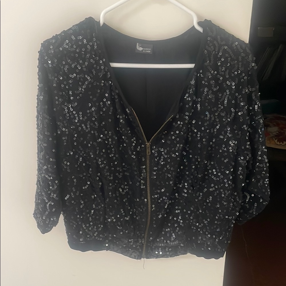 Sparkle & Fade Black Sequin Bomber Jacket - Size S - Cropped Evening Zip-Up
